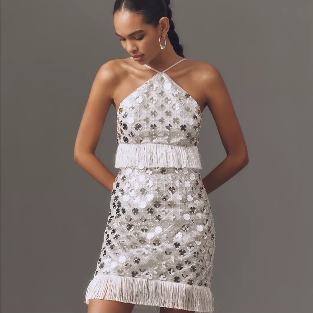 Anthropologie Saylor Hezly Halter Sequin Fringe Mini Dress